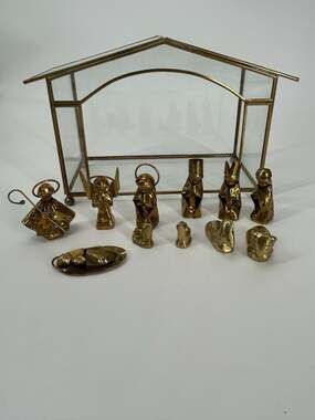 Vintage Miniature Brass & Copper Nativity Figures 12 Pieces Complete Set Mexico